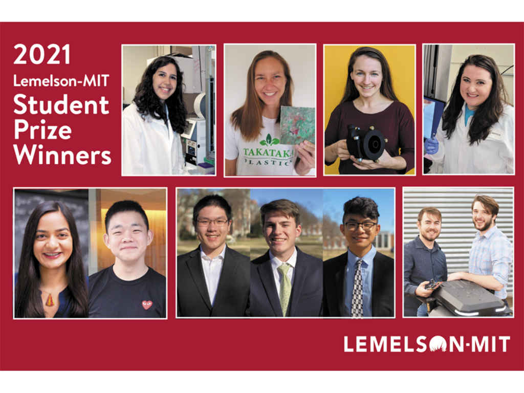 The 2021 Lemelson-MIT Student Prize Winners. Top, left to right: Mira Moufarrej, Paige Balcom, Hilary Johnson, Nicole Black. Bottom, left to right: Maya Burhanpurkar and Seung Hwan An; Michael Lan, Bruce Enzmann, and Anson Zhou; Benjamin Johnson and Zane 