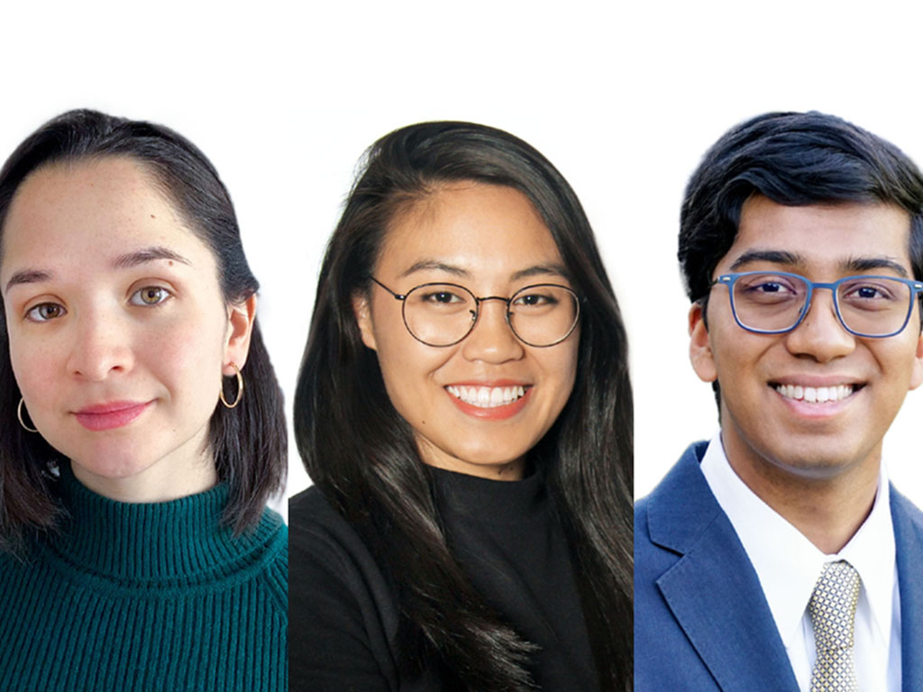 Caption:Left to right: Fernanda De La Torre, Trang Luu, and Syamantak Payra Credits:Photos courtesy of Paul and Daisy Fellowships for New Americans.