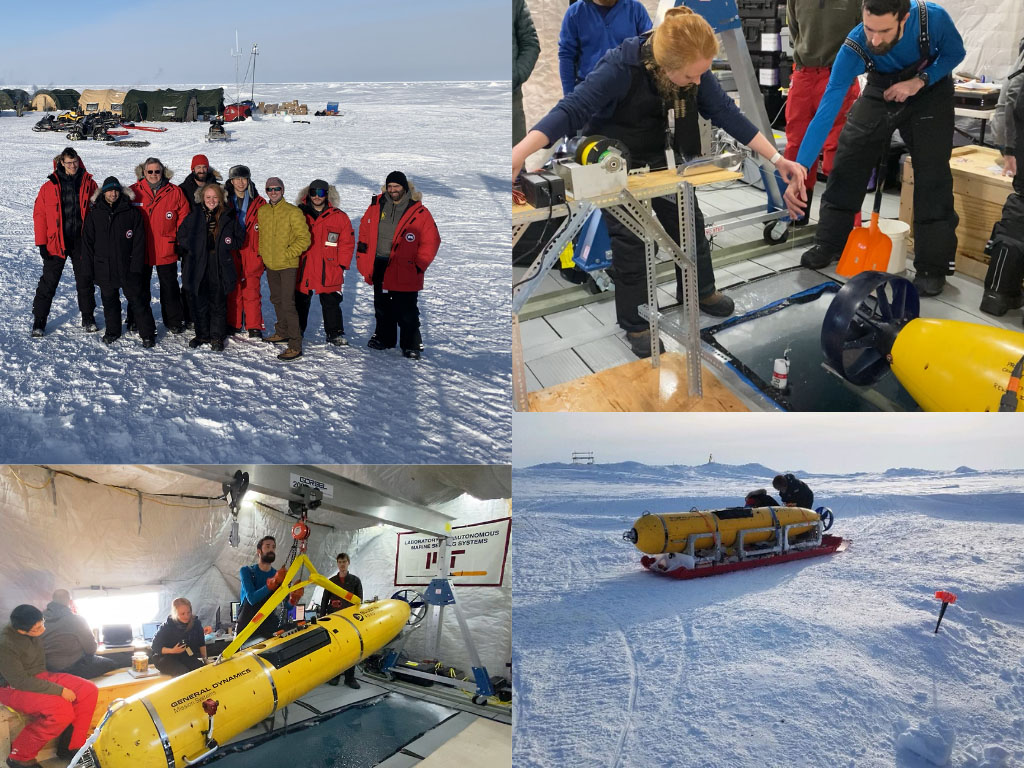 College of photos of researchers working on their navigational method for autonomous vehicles to navigate accurately in the Arctic Ocean without GPS.