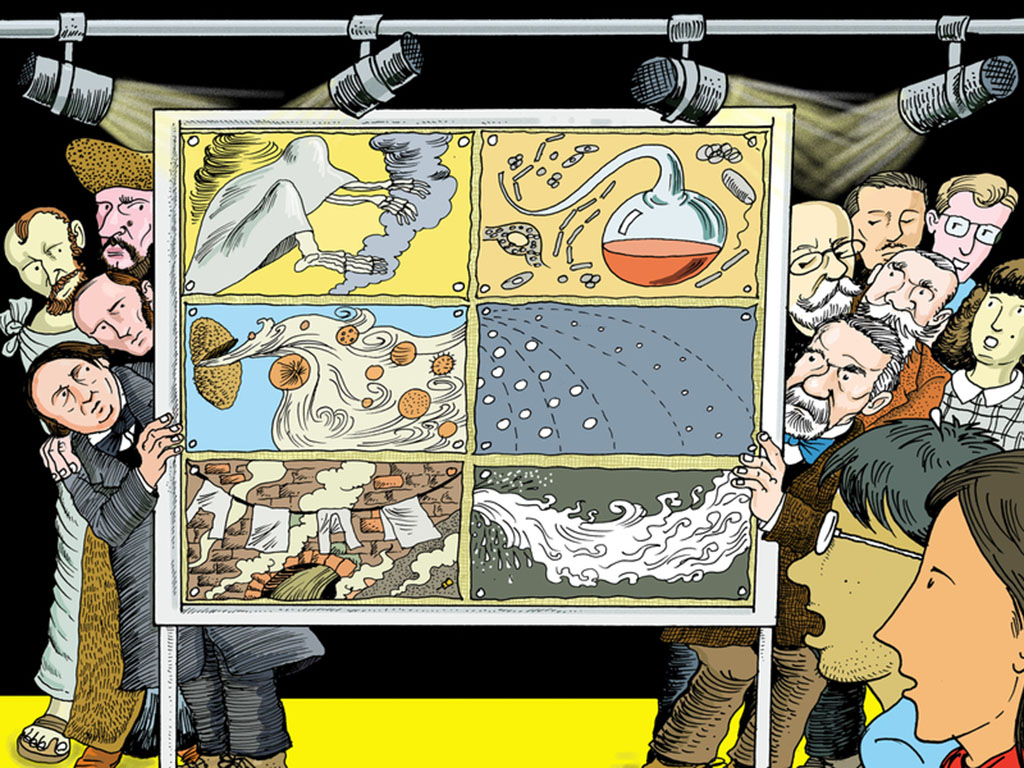 Illustration shows a group of historical scientists behind a framed artwork that shows science images like skeleton bones, beakers, a plant releasing spores, and vapors and droplets spreading. In the foreground corner, two people look in amazement.