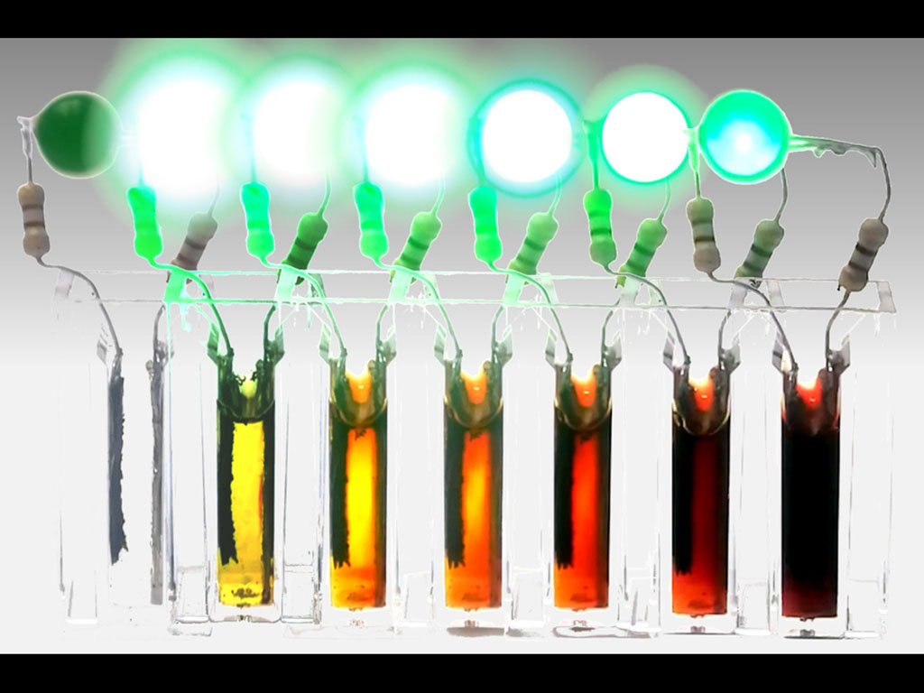 time lapse showing six stages of a battery cell fully discharging. As the battery discharges the glow it emits decreases and the material in the battery cell goes from clear to dark red.