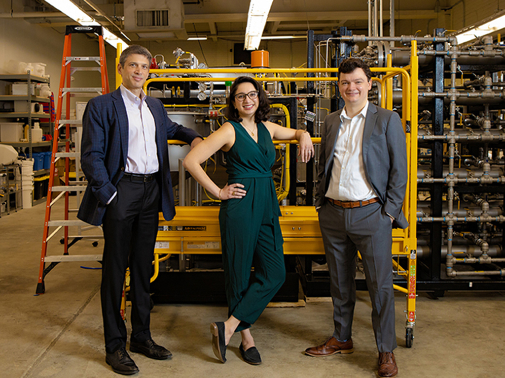 Shreya Dave PhD ’16 (center) co-founded Via Separations with Professor Jeffrey Grossman (left) and Brent Keller PhD ’16.