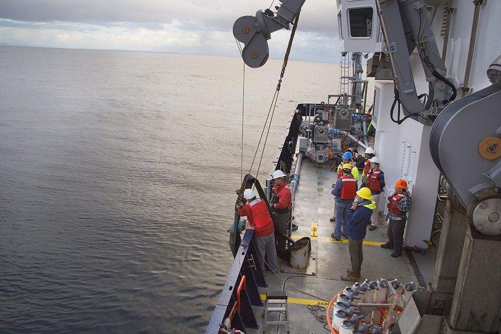 researchers working off the side of a ship